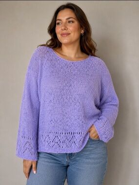 Handmade Knit Alpaca Silk Lurex Elegant Lavender Purple Lightweight Sweater XL